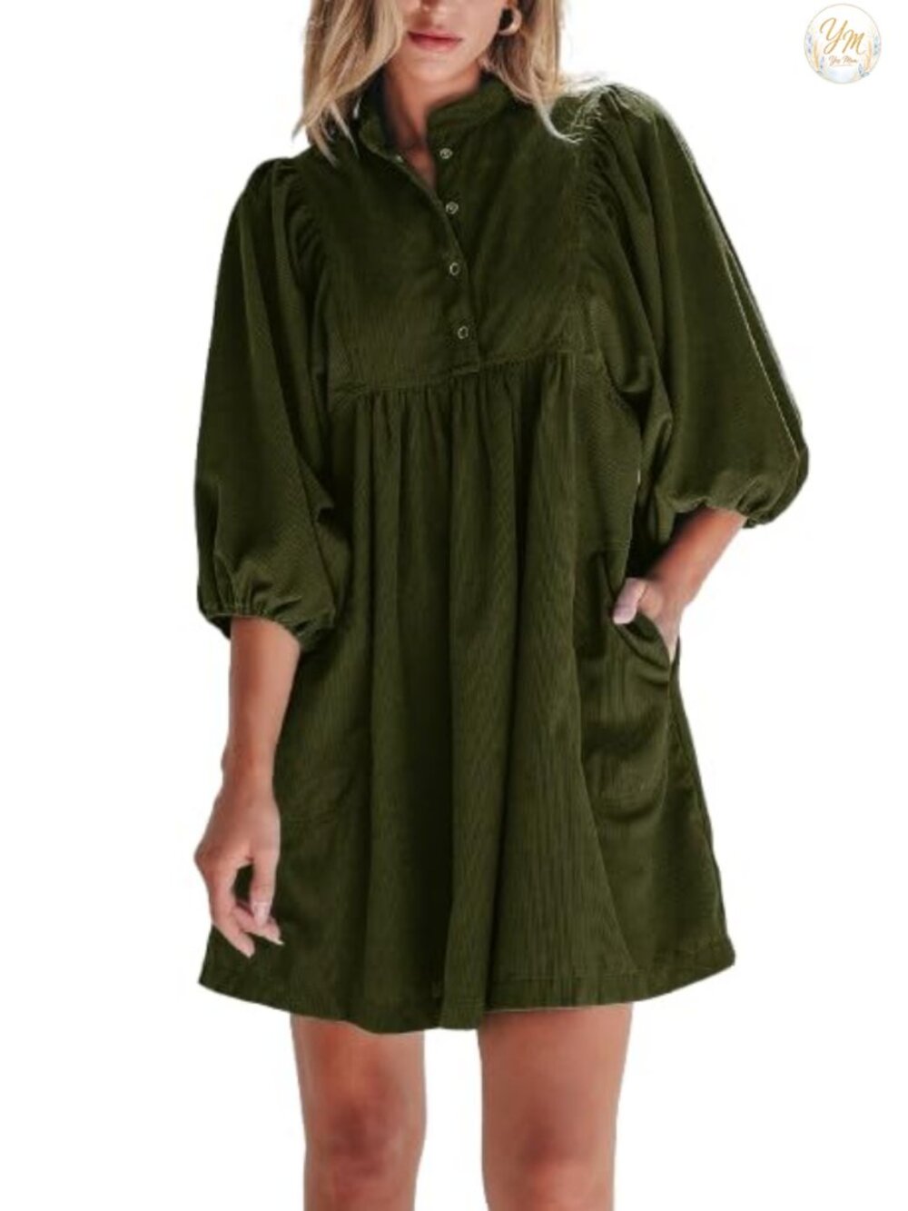 Corduroy Mini Babydoll Dress Puff Sleeve V-Neck A-Line Fall Winter